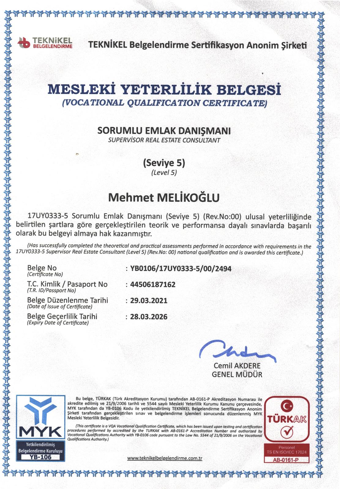 Mesleki Yeterlilik Belgesi